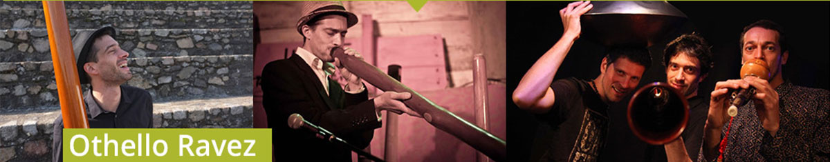 Trois photos d'Othello Ravez jouant du didgeridoo en solo et avec son groupe Oloji
